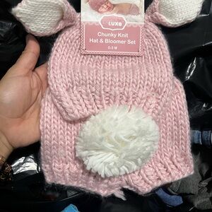Luxe Pink Chunky Knit Baby Hat with White Pom Pom & Ear Accents